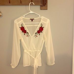 Express white sheer crossover blouse with roses